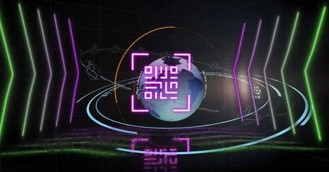 Image of qr code over geometrical shapes and globe, copy space Stockfoto's
