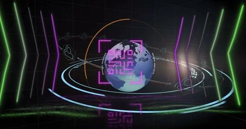 Image of qr code over geometrical shapes and globe, copy space 库存照片