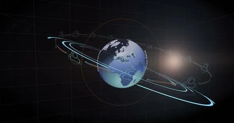 Image of qr code over geometrical shapes and globe, copy space Foto stock