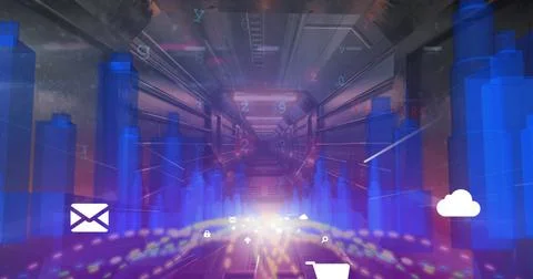 Image of qr code over geometrical digital cityscape, copy space Stock Photos