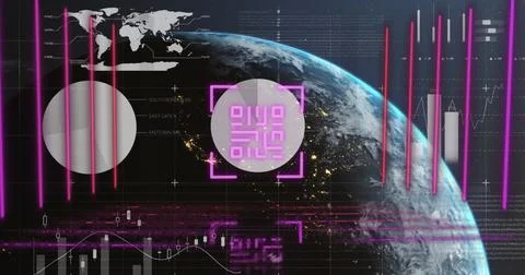 Image of qr code over globe and data processing on black background 스톡 일러스트