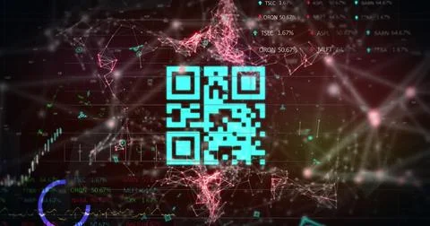 Image of qr code over graph and data processing on black background Stock Illustration