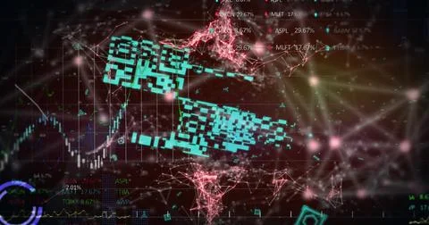 Image of qr code over graph and data processing on black background Stock Illustration