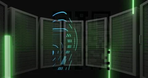 Image of qr code over neon shapes and server room on black background Illustrazione stock