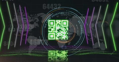 Image of qr code over neon shapes and scope scanning on black background Stock-Illustration