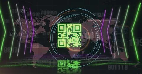 Image of qr code over neon shapes and scope scanning on black background Stock-Illustration
