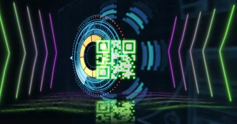 Image of qr code over neon shapes and scope scanning on black background 스톡 일러스트
