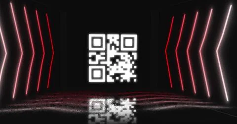 Image of qr code over neon shapes on black background Stock Illustration