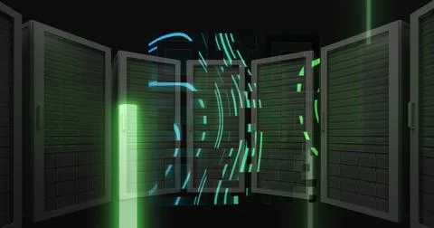 Image of qr code over neon shapes and server room on black background Illustrazione stock