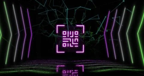 Image of qr code over neon shapes and network of connections on black background 스톡 사진