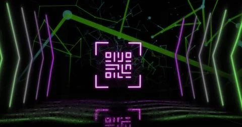 Image of qr code over neon shapes and network of connections on black background 스톡 사진
