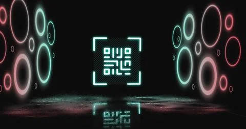 Image of qr code over neon shapes on black background Stock Photos