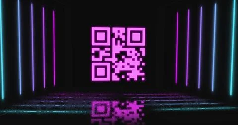 Image of qr code over neon shapes on black background Stock Photos