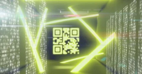 Image of qr code over neon shapes and moving columns on black background 库存照片