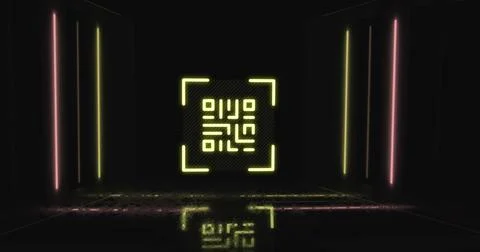 Image of qr code over neon geometrical shapes, copy space Stock Photos