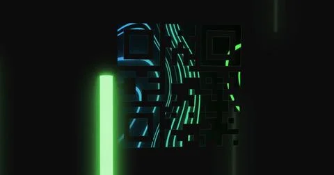 Image of qr code over neon geometrical shapes, copy space Foto stock