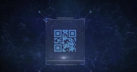 Image of qr code over network of connections on black background Illustrazione stock