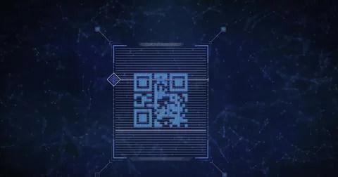 Image of qr code over network of connections on black background Illustrazione stock
