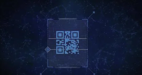 Image of qr code over network of connections on black background 库存插图