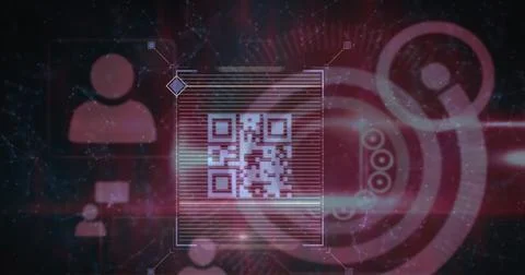 Image of qr code over network of connections and icons on black background Illustrazione stock