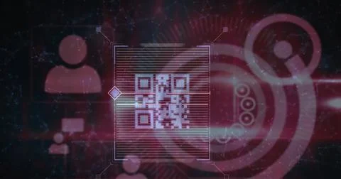 Image of qr code over network of connections and icons on black background Illustrazione stock