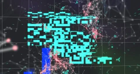 Image of qr code over network of connections on black background 스톡 일러스트