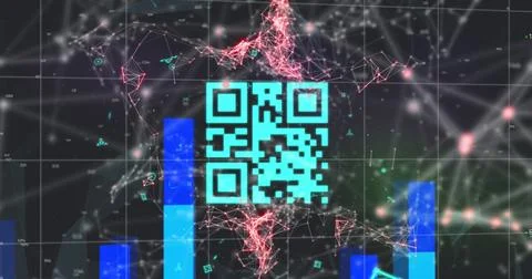 Image of qr code over network of connections on black background Illustrazione stock