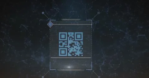 Image of qr code over network of connections on black background 写真素材
