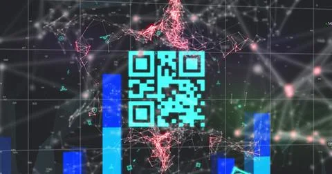 Image of qr code over network of connections on black background 写真素材