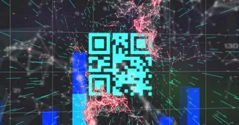 Image of qr code over network of connections on black background Stockfoto's