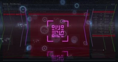 Image of qr code over scope scanning and data processing on black background Stock Illustration