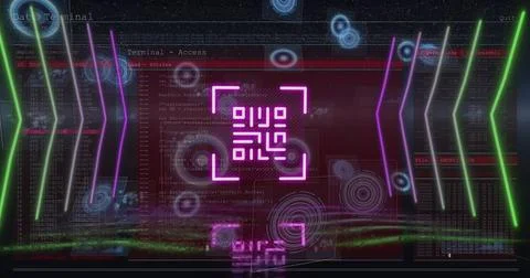 Image of qr code over scope scanning and data processing on black background Stock Illustration