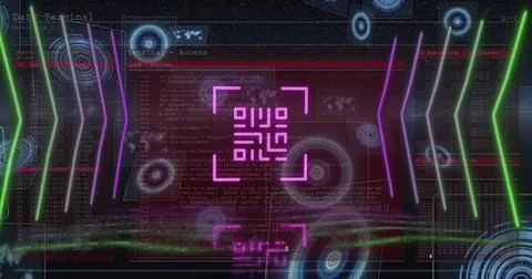 Image of qr code over scope scanning and data processing on black background Stock Illustration