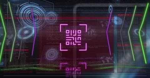 Image of qr code over scope scanning and data processing on black background Stock Illustration