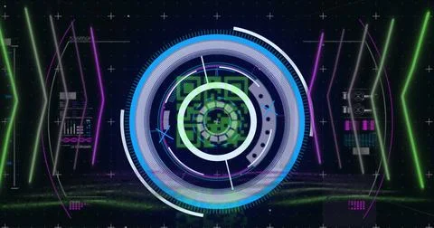 Image of qr code over scope scanning and data processing on black background Illustrazione stock