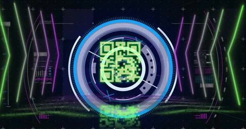 Image of qr code over scope scanning and data processing on black background Stock Illustration
