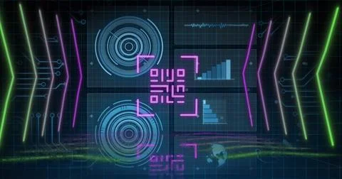 Image of qr code over scope scanning and data processing on black background Stock Illustration