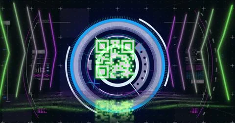 Image of qr code over scope scanning and data processing on black background 스톡 사진