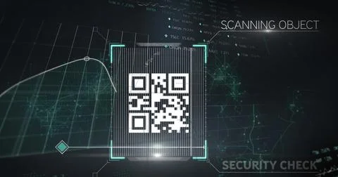 Image of qr code over scope scanning and data processing on black background Stockfoto's