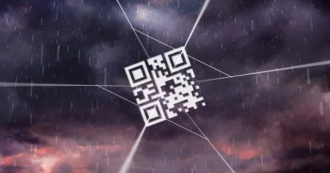 Image of qr code over sky with clouds and rain Stockfoto's