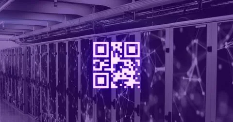 Image of qr code over violet server room Stock Photos
