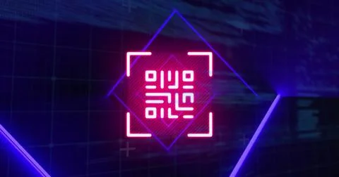 Image of qr code in rhombus pattern over programming language against black Stock Photos