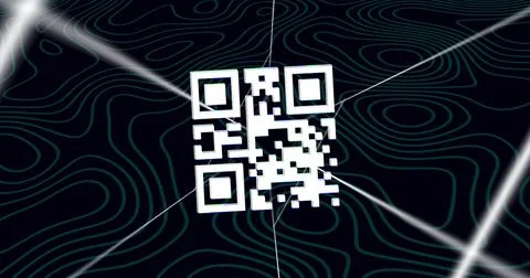Image of qr code rotating on black background with isohypses Stock Illustration