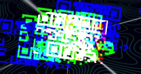 Image of qr code rotating on black background with isohypses 库存插图