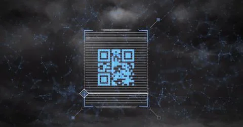 Image of qr code scanner and network of connections against thunder and dar.. 写真素材