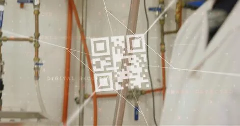 Image of qr code scanner and data processing over caucasian engineer using 스톡 사진