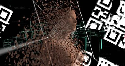 Image of qr code scanner over human body model against spinning 3d city model Foto stock