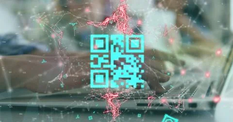 Image of qr code scanner over mid section of a woman using a laptop at office Stock Photos