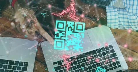 Image of qr code scanner over mid section of diverse people discussing over Stock-Fotos