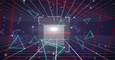 Image of qr code scanner, white spots and plexus networks over grid network on Foto stock